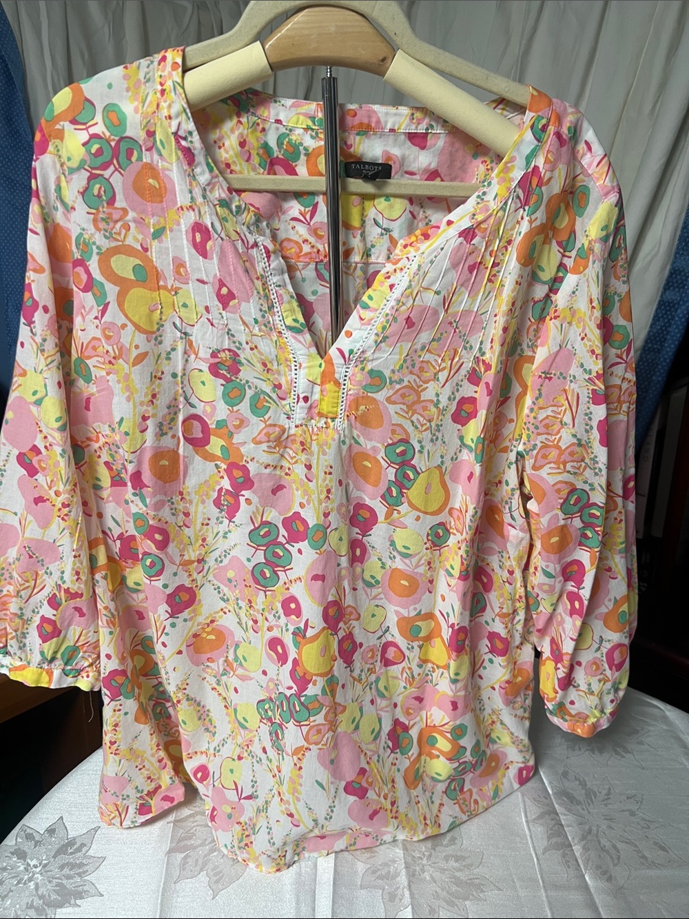 Talbots 2X Pink Multi Floral Pintuck V-Neck Tunic